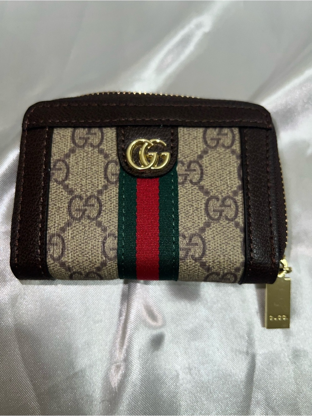 Brown Monogram Zip Card Case with Green-Red Stripe